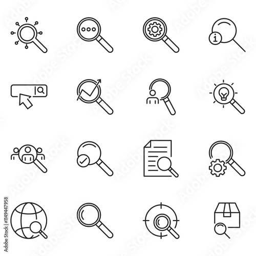 Search set of web icons in line style. Magnifying glass linear icon collection. Containing SEO, Digital marketing, data analysis, management, investigate, find and more