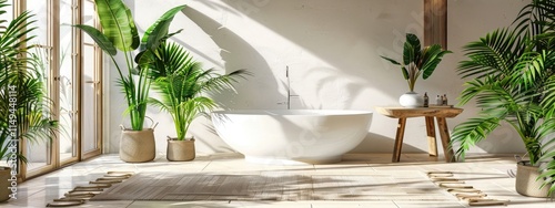 Modern white bathroom with large tropical plants, freestanding bathtub and wooden table in the middle of space
