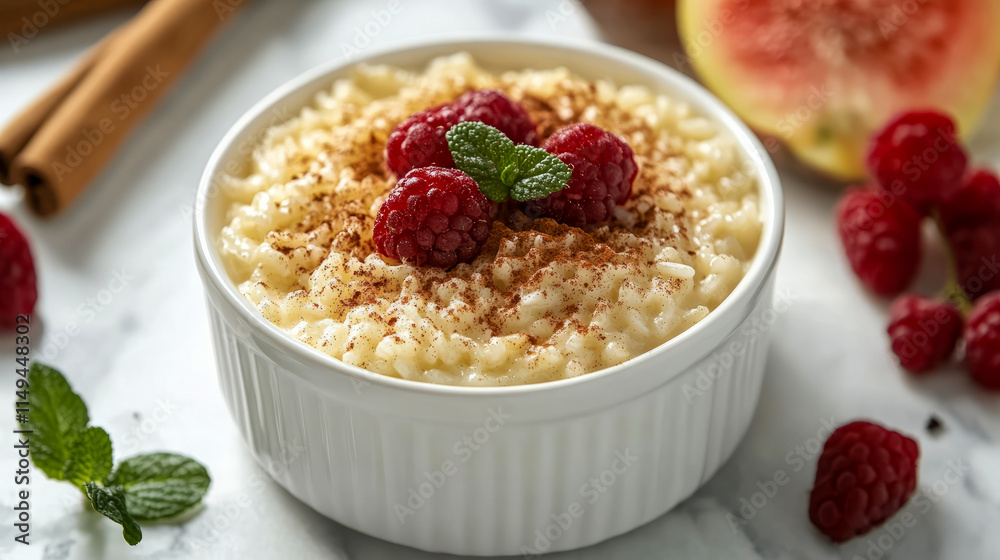 Creamy rice pudding with raspberries and cinnamon in a white bowl Creamy rice pudding with raspberries and cinnamon in a white bowl