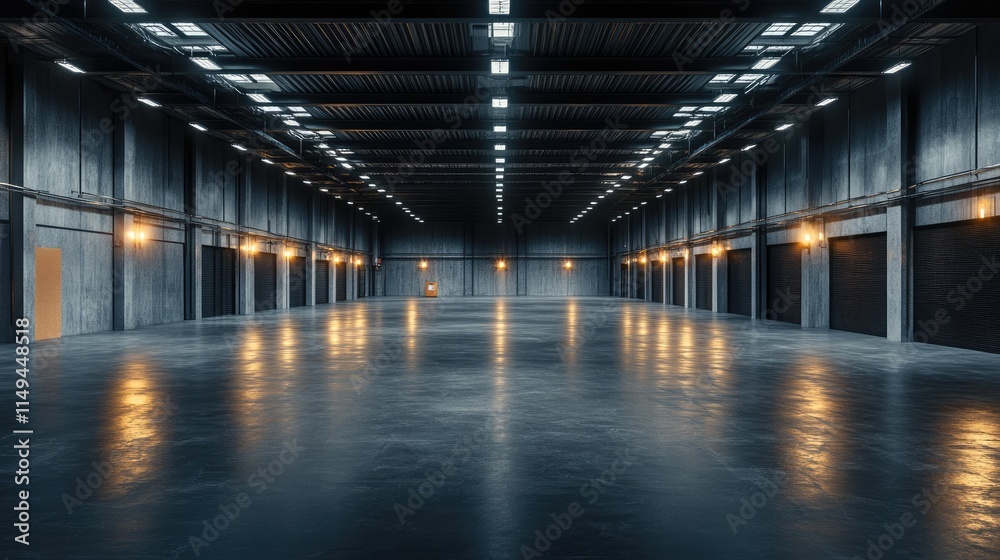 Three dimensional render of dark empty warehouse. Three dimensional render of dark empty warehouse.