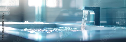 Water flowing from a modern faucet in a bathroom, closeup view with copy space on the right side, banner design