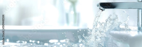 Water flowing from a modern faucet in a bathroom close up, with a blank banner area on the right side for text