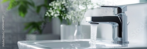 Water flowing from a modern faucet in a bathroom in a closeup view