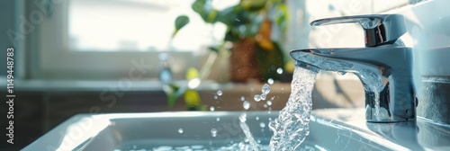 Water flowing from a modern faucet in a bathroom, closeup view with copy space on the right side, banner design