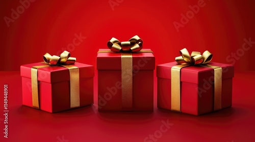 Three luxury red gift box with gold color ribbons come in different size on red background, new year, valentine's day, christmas, birthday present.