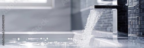 Water flowing from a modern faucet in a bathroom in a closeup view
