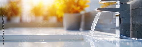 Water flowing from a modern faucet in a bathroom, a closeup view with copy space on the right side, a banner design, blurred background