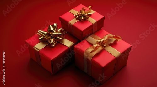 Three luxury red gift box with gold color ribbons come in different size on red background, new year, valentine's day, christmas, birthday present.