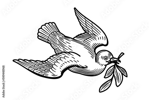 White dove with olive branch, a symbol of peace and pacifism. After the flood, a dove released by Noah returns to the ark with a fresh olive branch in its beak, a sign of peace between God and man.