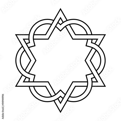 Interlaced hexagram and sixfoil. A six-pointed star, interwoven with an architectural sixfoil, a graphic form composed of the outline of six overlapping rings. Isolated black and white illistration. photo