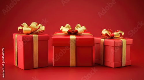 Three luxury red gift box with gold color ribbons come in different size on red background, new year, valentine's day, christmas, birthday present.
