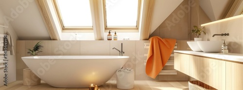 White modern bathroom with a bathtub and sink, without a window, beige walls, white furniture and a towel rack on the right side of the wall. Wide angle lens shot
