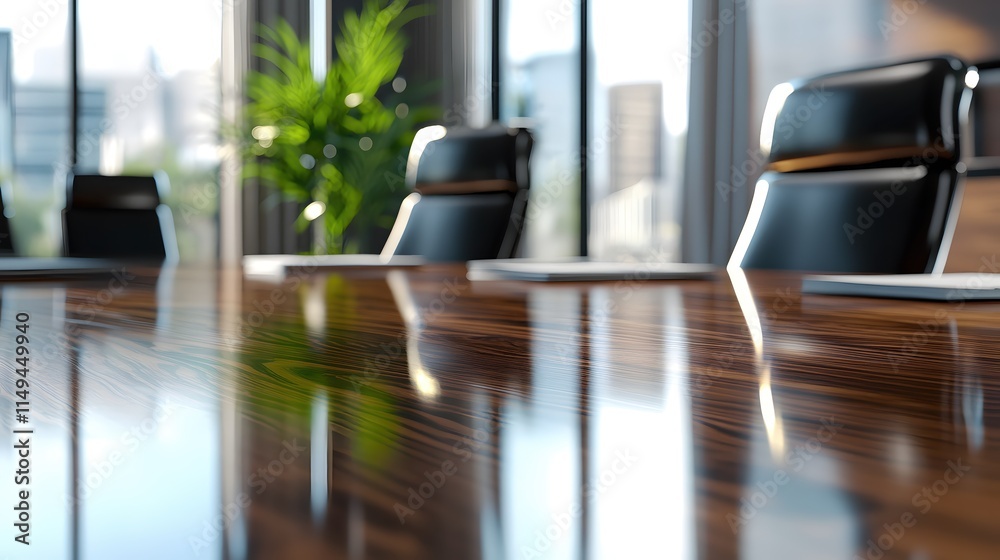 Elegant Conference Room with Modern Chairs and Polished Wooden Table Overview Elegant Conference Room with Modern Chairs and Polished Wooden Table Overview