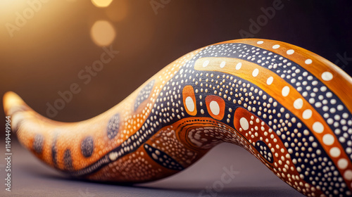 Traditional aboriginal boomerang with intricate dot patterns and warm lighting photo