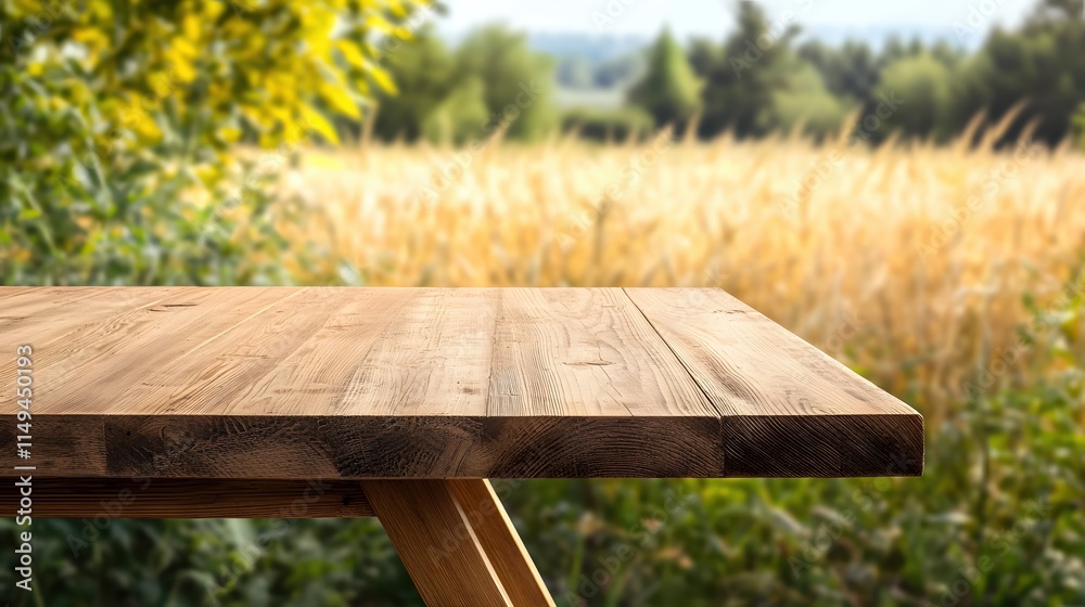 Fototapeta premium Rustic wooden table with natural landscape background and golden wheat field