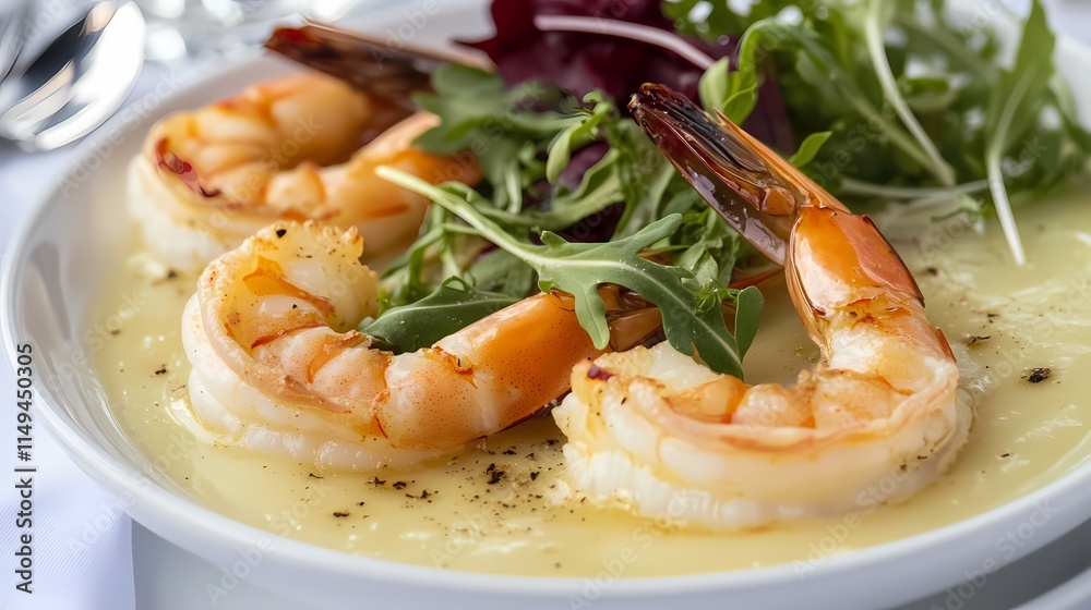 Fresh Shrimp Dish with Cream Sauce and Green Salad Garnish on a White Plate Fresh Shrimp Dish with Cream Sauce and Green Salad Garnish on a White Plate