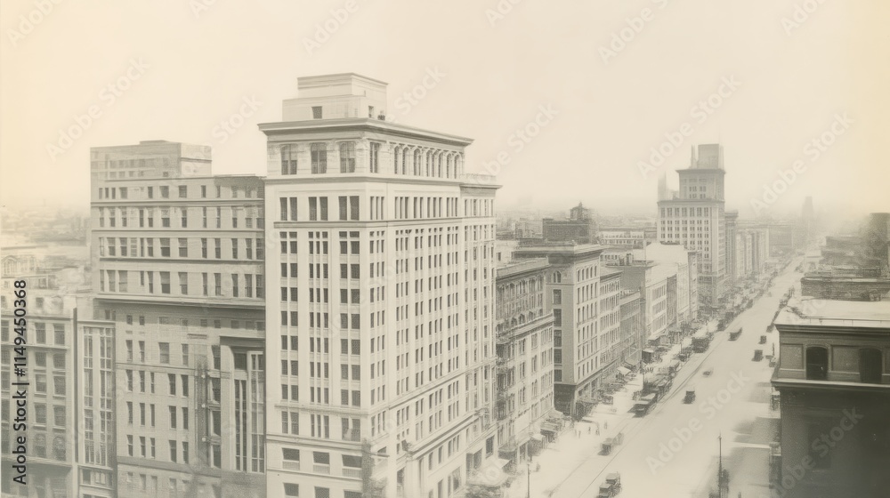 Fototapeta premium Retro Urban Charm: Nostalgic 1920s Cityscape with Skyscrapers, Vintage Cars, and Busy Streets