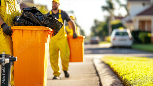 Keeping Our Streets Clean: Waste collector empties a residential bin on a sunny day, highlighting essential sanitation services.
 photo