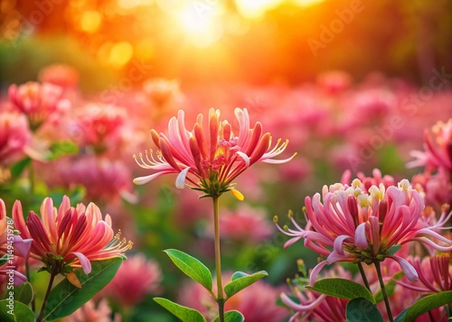 Panoramic Coral Honeysuckle Pink Flower Bloom, Stunning Nature Photography, Vibrant Wildflower Landscape