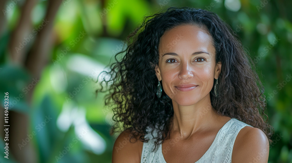 Smiling hispanic female adult with curly hair in natural outdoor setting Smiling hispanic female adult with curly hair in natural outdoor setting