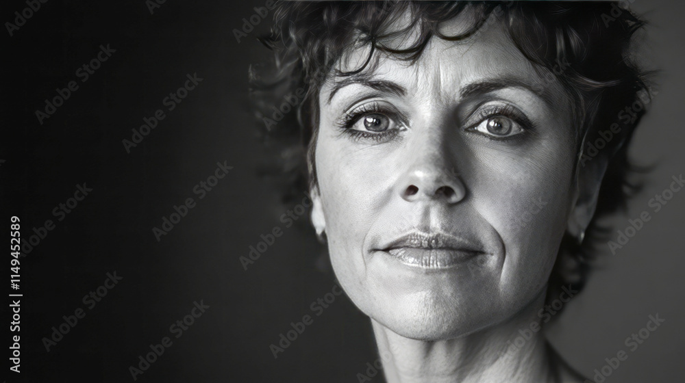 Black and white portrait of mature caucasian female with short hair