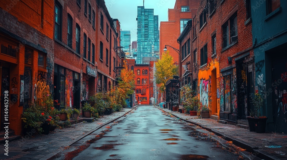 Fototapeta premium Graffitied brick alley, autumn leaves, wet street.