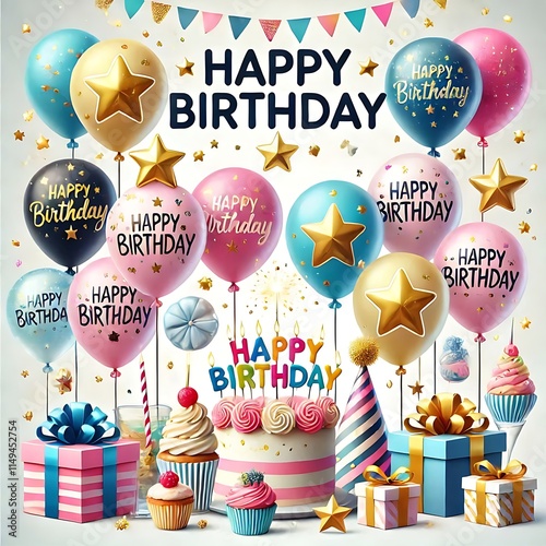 birthday card with birthday cake and balloons generative ai