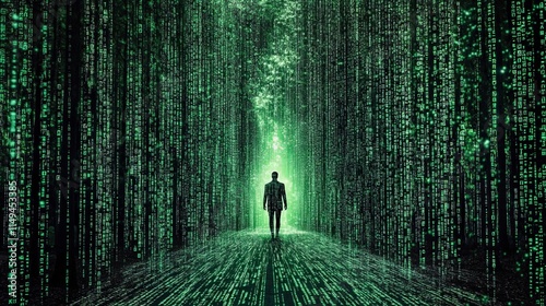 Silhouette in digital matrix: man in virtual cybercode forest photo