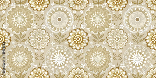 Elegant floral pattern showcasing intricate designs in warm beige and gold tones.