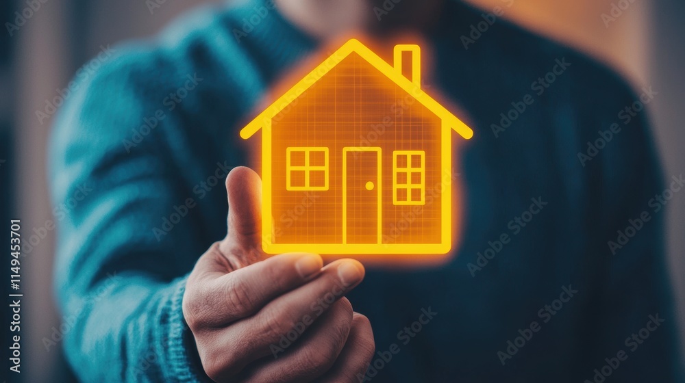 Person Holding Digital House Icon in Modern Home Environment Person Holding Digital House Icon in Modern Home Environment