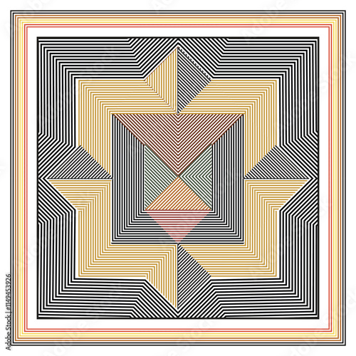 Abstract geometric scarf pattern with overlapping striped lines creating a zigzag effect, A geometric pattern featuring interwoven lines and squares, creating a visually striking design.