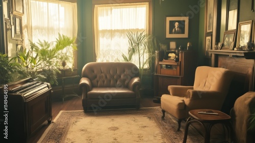 Nostalgic 1920s Living Room with Vintage Decor and Jazz Music Atmosphere