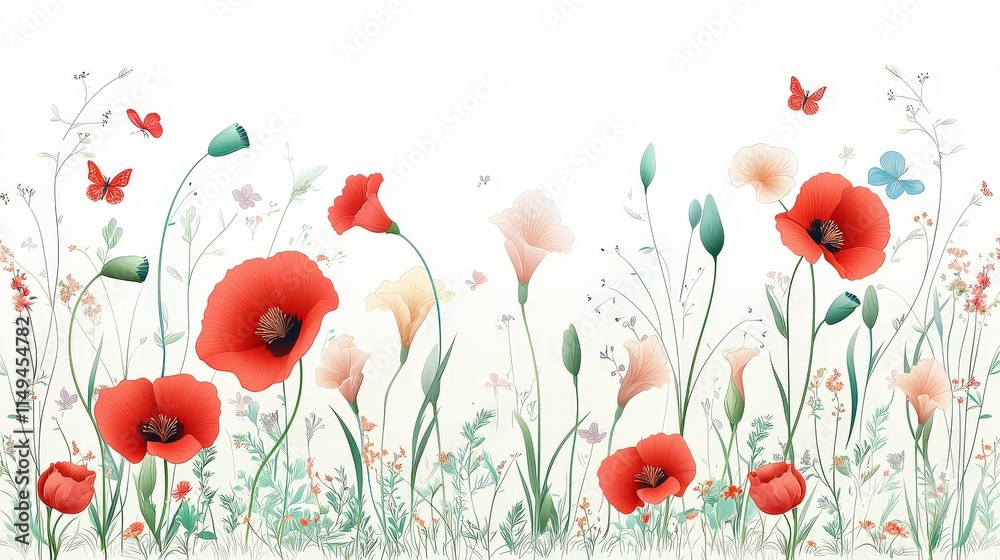 Naklejka premium Charming illustration of a garden with red poppies and colorful gladiolus, designed in a clean and modern style, ideal for floral-themed graphics.