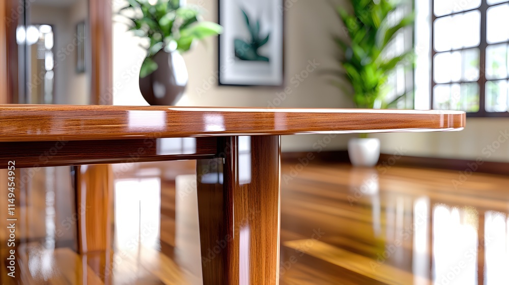 Fototapeta premium Elegant Wooden Table with Glossy Finish in Bright Modern Interior Space