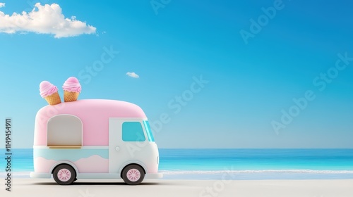 Classic ice cream truck with colorful decorations parked on a sunny beach, capturing a fun and nostalgic summer day. Perfect for creative projects with text space.