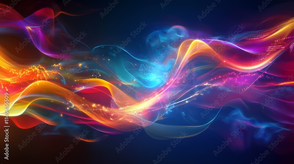 Fototapeta premium Colorful Abstract Waves of Light Creating Dynamic Flow in Dark Background