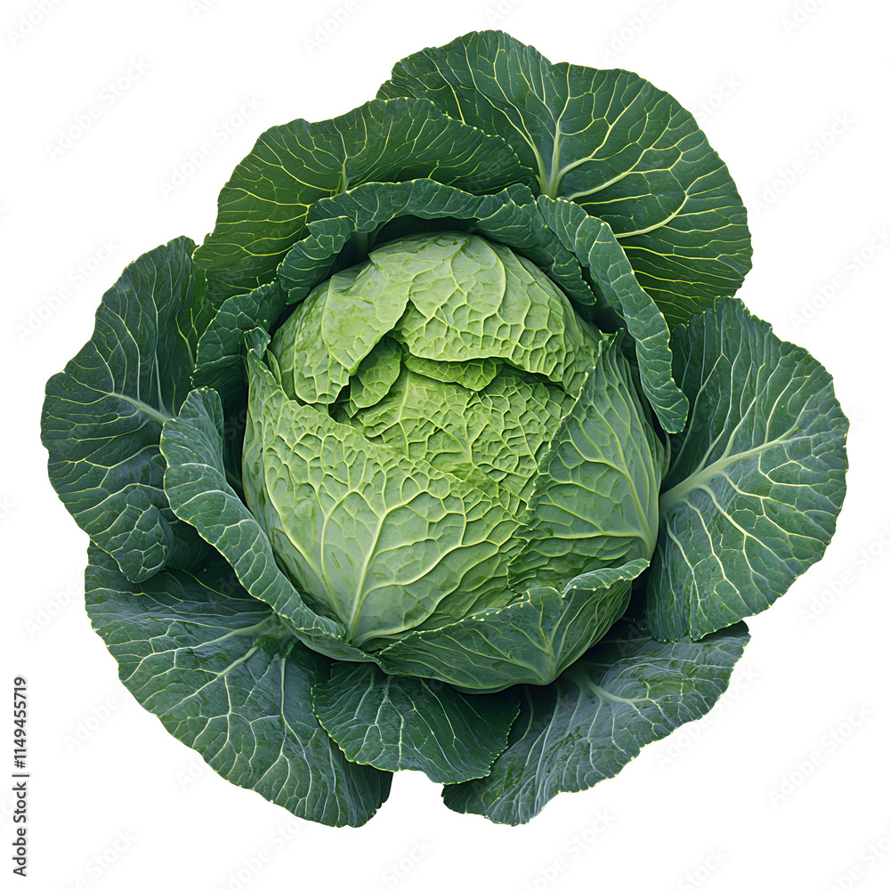 Fototapeta premium Green Cabbage, Fresh Vegetable, Isolated on White Background, Vibrant Color, Healthy Food, Dietary, Cooking Ingredient, Nature's Goodness, Crisp Texture, Close-up View, Transparent Background.