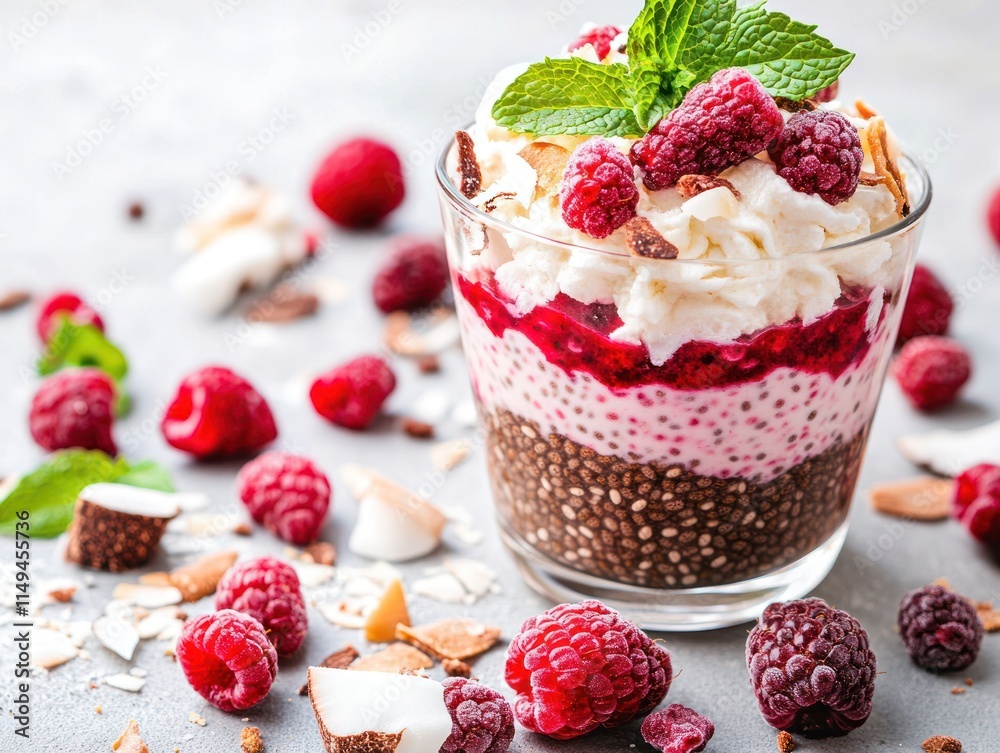 A delicious layered dessert featuring raspberries, whipped cream, and chocolate.