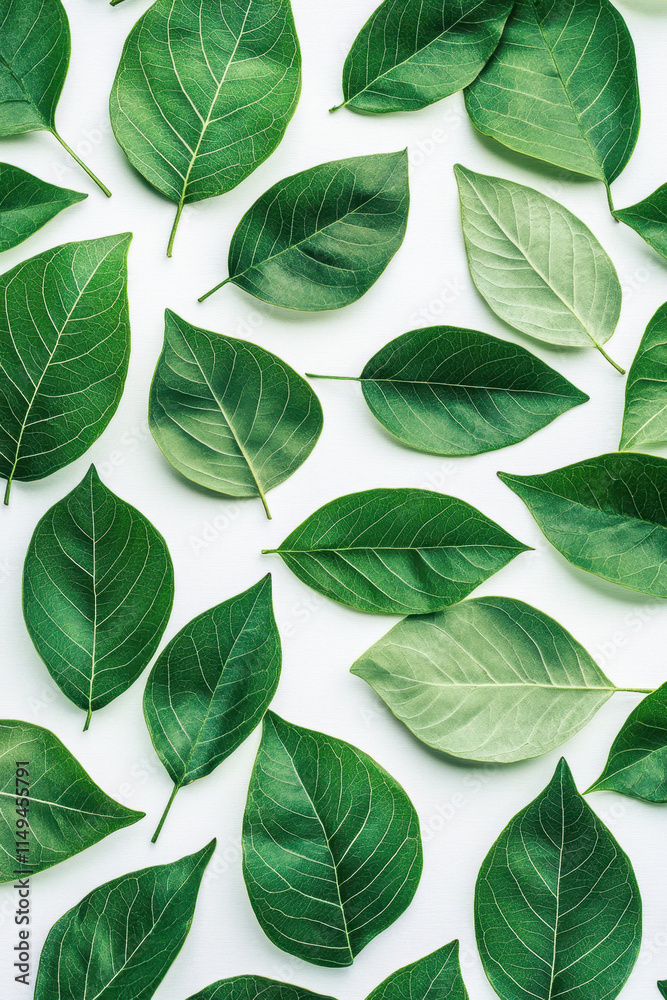 Obraz premium Vibrant green leaves scattered on a white background, showcasing natural textures and patterns.