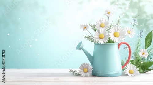 Wallpaper Mural Elegant   daisy in a light red watering can, resting on a pale wooden table inside a cozy house, blending simplicity with charm for decor designs. Torontodigital.ca