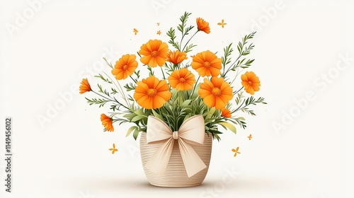 Wallpaper Mural Elegant   of marigolds in a beige rattan basket with a cute bow, placed on a soft light-colored backdrop, ideal for warm and welcoming floral design themes. Torontodigital.ca