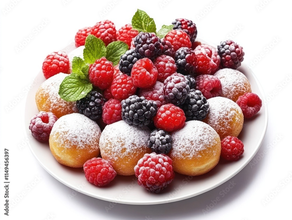 A plate of sweet doughnuts topped with fresh berries and mint leaves, dusted with powdered sugar. A plate of sweet doughnuts topped with fresh berries and mint leaves, dusted with powdered sugar.