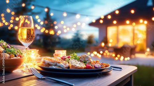 Friends and family from different cultures gathered outside their home on a warm summer evening, enjoying food and bonding over shared stories and laughter.