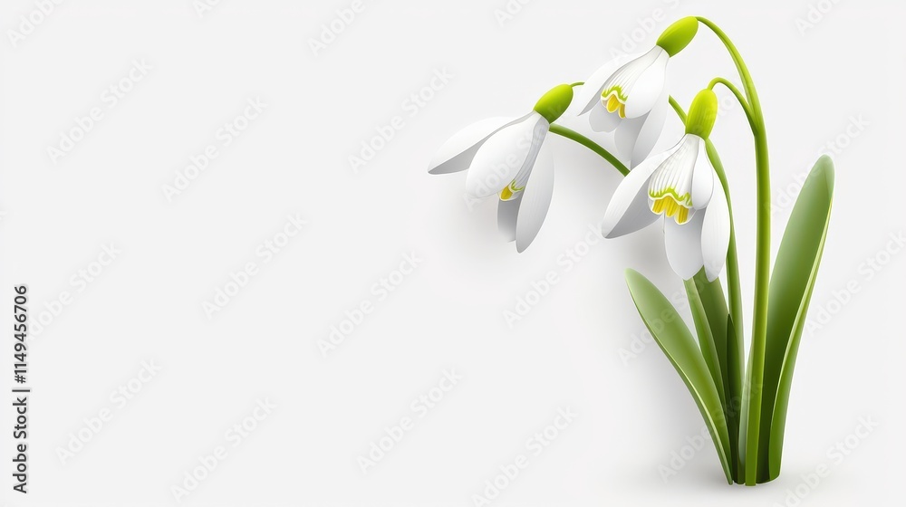 Fototapeta premium Minimalist snowdrop flowers with bright white petals and subtle green leaves, designed for cheerful and elegant spring-themed visuals.
