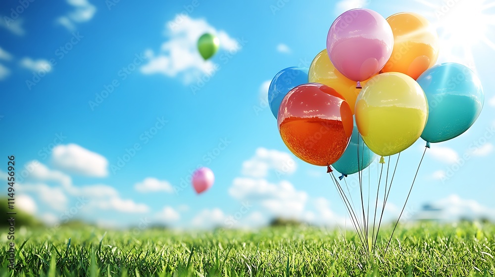 Colorful balloons scattered across a grassy field, with some floating mid-air under a bright blue sky. Colorful balloons scattered across a grassy field, with some floating mid-air under a bright blue sky.