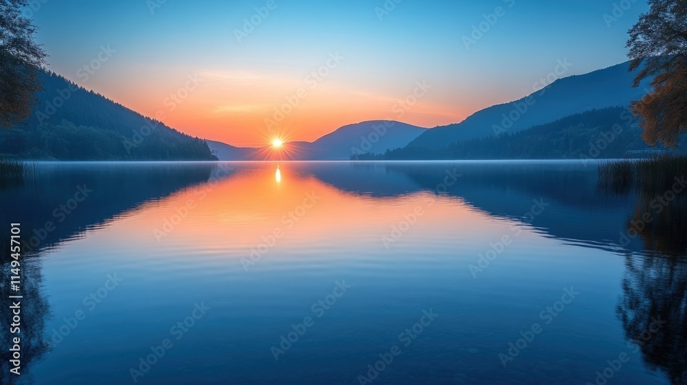 Fototapeta premium Serene sunrise lake mirroring mountains.