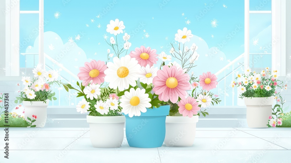 Simple illustration of cute flower pots in a flower garden in front of a house, with a cute staircase in the backgrounds, ideal for fresh, homey garden designs. Simple illustration of cute flower pots in a flower garden in front of a house, with a cute staircase in the backgrounds, ideal for fresh, homey garden designs.