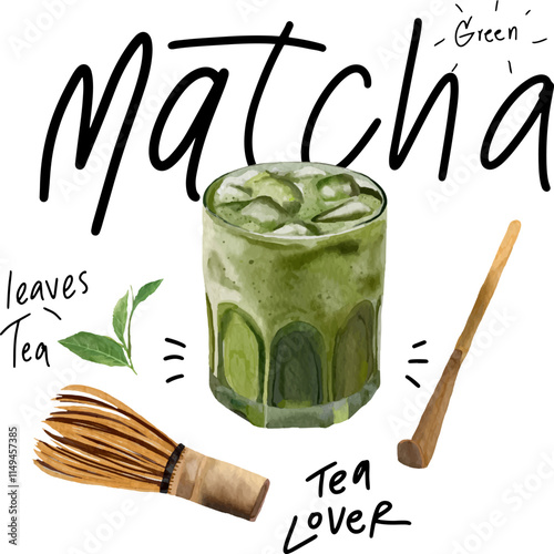 Matcha green tea, watercolor style.