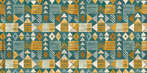 Vibrant geometric pattern featuring triangles and diamonds in teal and mustard shades.