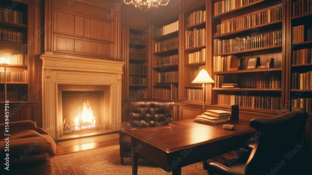 Fototapeta premium Cozy 1920s Study with Vintage Desk, Bookshelves, and Fireplace Creating Perfect Reading Nook